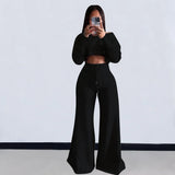 Yipinpay Fashion Women's Two-Piece Long Sleeve Short Top And Wide Leg Pantsuit Spring Solid Color Comfortable Ladies 2-Piece Set