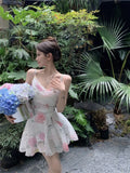 Yipinpay Sexy Dresses Women Floral Printed Swinging Collar French Style Chic Summer Elegant Sweet Dress Ladies Backless Vintage