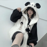 Yipinpay Autumn Winter Kawaii Hoodies Women Japanese Soft Girl Lambswool Cute Panda Ear Oversized Hoodie Preppy Style Button Coat