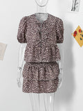 Yipinpay Leopard Animal Print Skirts Sets For Women 2024 Round Neck Lace Up Shirts Layered Mini Shirts 2 Pieces Sets Lady Outfits