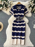 Yipinpay Short Sleeves Striped Long Dress Lapel Neck Hollow Out Slim Bodycon Sundress Fashion Hotsweet Knitted Beach Midi Dress