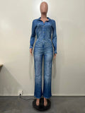 Yipinpay Blue Imitation Denim Jumpsuit Autumn Winter Women's Casual Commute Solid Color Straight Leg Jumpsuit Urban Style
