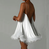 Yipinpay Women Fashion Solid Color Plush Trim V-Neck Chain Spaghetti Strap Sling Mini Dress Summer Sleeveless Backless vestido