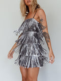 Yipinpay Fashion Womens Summer Casual Sling Dress Silver Sleeveless Backless Sequins Tassel Dress Club Street Style Hot Sale S-XL