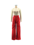Yipinpay Spring Summer Cargo Trouser Casual Streetwear Satin Stretch High Waist Pant With Pocket Women Wide Leg Flare Pants