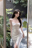 Yipinpay Summer New Elegant Dresses Women French Style Sexy Swinging Collar Satin Sleeveless Slim White Dress Ladies Stylish
