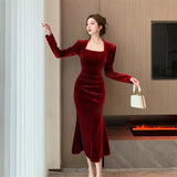 Yipinpay Dress Woman Vintage Square Collar Long Sleeve Slim Velvet Mermaid Dresses French Style Chic Solid Slim Female Fashion