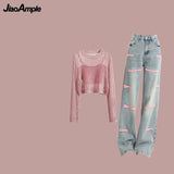 Yipinpay Women's 2024 Summer New Jeans Matching Set Korean Elegant Strap Blouse Letter Denim Pants Three Piece Female Chic Trousers Suit