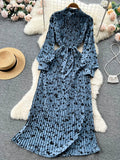 Yipinpay Senior French Retro Dress Turtleneck Long Lantern Sleeves Belt Pleated Women Streetwear Elegant Party Vintage Dress