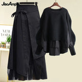 Yipinpay Women's Spring Autumn New Fashion Fake Two Piece Knit Sweater+Strap A-line Skirt Suit Korean Elegant Pullover Dress Matching Set