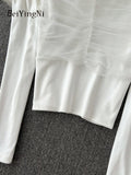 Yipinpay French Vintage T-shirt Women Square Collar Sexy Mesh Patchwork Cropped Tops Chic Slim Fit Long Sleeve T Shirts Female