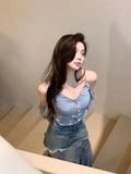 Yipinpay Women Blue Jean Skirt Y2k Clothes Harajuku Korean Girl Casual Chic Fashion Vintage Denim Mermaid Skirt Raw Edge Japanese Fashion