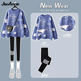 Yipinpay Women's 2024 Autumn Winter New Loose Sweater High Waist Slim Fit Shark Pants Two Piece Korean Elegant Tracksuit Matching Set