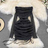 Yipinpay Slim Slash Off Shoulder Women's Long Sleeve Drawstring Pleated Hip Wrap Pink Mesh Dress Mini Party Prom Mini Evening Robe