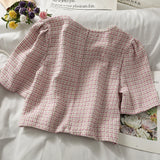 Yipinpay Round Short Sleeve Tweed Top Women Single-breasted Cardigan Jacket Pink Plaid Shirts Crop Button Blusas Mujer Camisas