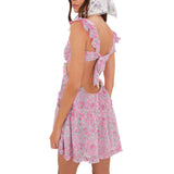 Yipinpay Women Fly Sleeve 3D Flower V Neck Backless Waist Cutout Casual Party Spring Summer Floral Short A-Line Mori Dress