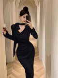 Yipinpay Temperament Dresses Women Bow Bandage Swinging Collar Flare Long Sleeve Solid Vintage Elegant Dress French Style