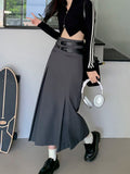 Yipinpay Vintage Belt Long Skirt Women Autumn 90s Aesthetic Streetwear Y2k High Waist Slim A-line Pleated Skirt Korean Style
