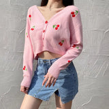 Yipinpay Neck Cropped Cardigan Embroidered Cherry Sweater Feminino Kawaii Long Sleeve Top Pull Femme Y2k Sueter Mujer Knit Coat