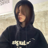 yipinpay Winter Grey Baggy Pullover Fashion Letter Printing Pocket Fleece Thicken Sweatshirt Casual Lazy Raglan Sleeves Hoodie