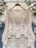 Yipinpay Solid Hollow Out Holiday Blouse Women O Neck Long SLeeves Hollow Out Embroidery Shirt 2024 Floral Plaid Sheer Sexy Top
