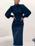 Yipinpay Turtleneck Elegant Women Office Dresses Satin Lace-Up Drape Dress Flowing Vintage Navy Midi Dress Office Ladies 2023
