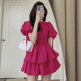 Yipinpay Dresses Woemn Lace Up Ruffles Patchwork Puff Short Sleeve Solid Korean Fashion Spring Summer Ladies Dress Casual