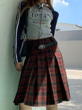 Yipinpay Vintage Red Plaid Skirt Women 2023 Autumn Preppy Style Kpop High Waist A-line Knee Length Pleated Skirt 90s Aesthetic