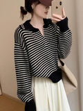 Yipinpay Sweater Female 2024 Korean Women Autumn Academy Sweater Loose and Slim Versatile Striped Top Long Sleeve Knit Sweater