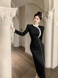 Yipinpay Dresses Women Stand Collar Lace Patchwork Split Long Sleeve Slim Vintage Elegant Dress Slim Elegant Dress Ladies