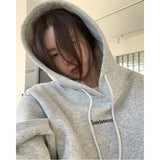 yipinpay Fashion Grey Fleece Thicken Baggy Pullover Pocket Letter Printing Sweatshirt Lazy Casual Raglan Sleeves Hoodie Autumn