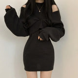 Yipinpay Vestido Mujer Round Long Sleeve Fake Two Piece Black Sweater Dress Bodycon Sexy Slim Hollow Out Knitted Autumn Tight Mini