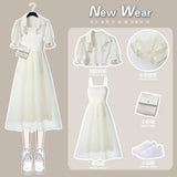 Yipinpay Women's Summer Dress Suit 2024 New Fashion Short Sleeve Shirt+Denim Strap Skirt Two Piece Korean Elegant Casual Matching Set