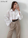 Yipinpay Streetwear Sexy Crop Top Women Autumn 2023 Irregular Pockets Lapel Cropped Shirts Long Sleeve All-Match Casual Tops