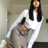 Yipinpay Irregular Cropped Shirt Top Women Sexy Korean Streetwear Blouses Casual Lapel Pocket Patchwork Long Sleeve White Shirt