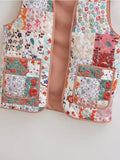 Yipinpay 2024 Ethnic Women Patchwork Floral Print Quilted Vest Sleeveless Coat V Neck Pockets Lady Vintage Waistcoat