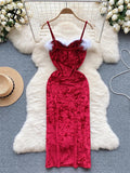 Yipinpay Strap Plush Velvet Long Dress Autumn Inside Elastic Ruched Slim Backless Christmas Cosplay Sexy Dress