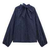 Yipinpay Denim Shirts Women Bow Bandage Puff Long Sleeve O Neck Button Vintage Fashion Ladies Blouse Elegant Tops Casual