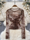 Yipinpay Europe Long sleeved Mesh Sheer T-shirt Fashion Skinny Temperament Office Lady Blouse O Neck Pleated Tie Dye Print Top