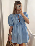 Yipinpay Short Puff Sleeve Leopard Mini Dress Women 2024 Elegant Lace Up Round Neck Short Dress Summer Loose Casual Beach Dress