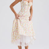 Yipinpay Sexy Elegant Women Lace Patchwork Floral Print Sling Midi Dresses Holiday Summer Lady Party Vestidos Cotton Robe