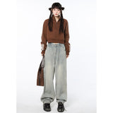 yipinpay Womens Jeans High Waist Vintage Straight Baggy Denim Pants Streetwear American Style Fashion Female Wide Leg Denim Trouser