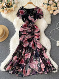 Yipinpay French Retro Long Dress Short Ruffles Sleeves V Neck Floral Print Drawstring Split Zipper Women Slim Bodycon Dress