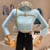 Yipinpay High Collar Sweater Women Slim Sexy Hollow Jumper Pullover Tops Crop Pink Sweaters Fur Button Knit Sueter Shirt