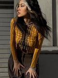 yipinpay Top Long Sleeve T-Shirts Women Dot Print Graphic Tees Autumn Winter Clothes Streetwear O Neck Bodycon Yellow Crop Top