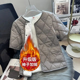 Yipinpay Coats Short Puffer Jacket Chaquetas Mujer Cotton-padded Thick Outwear Tops Solid Argyle Overcoat Plaid Parkas Half Black