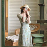 Yipinpay Chic Temperament Slim High Waist Square Collar Floral Chiffon Dress Women Short Sleeve Fashion Vestido De Mujer Sexy