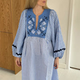 Yipinpay Embroidered Patchwork Maxi Dress For Women Fashion O-neck Striped Lantern Sleeves Long Dresses Summer Loose Lady Robe