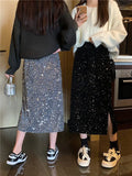 Yipinpay Wild High Waist Slim Black Sequins Skirt Women A Line Long Faldas Largas Y2k Skirts Grey Spring New