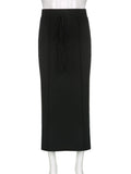 Yipinpay Streetwear Y2k Long Skirt Women Fashion Casual Black Lace-up High Waist Patchwork Sexy Slim Knitted Maxi Skirt Gothic